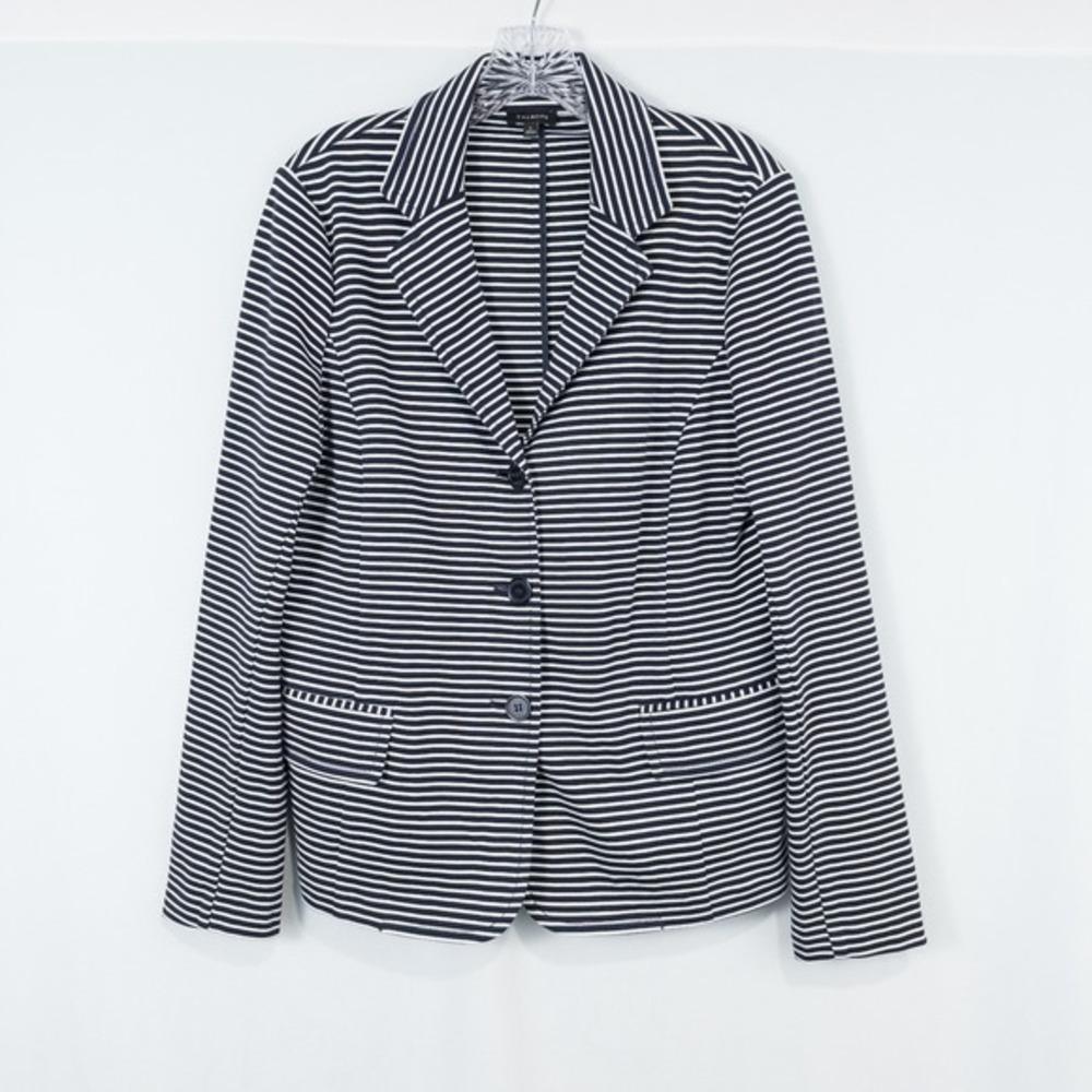 Talbots Cotton Poly Striped‎ Blazer Jacket Size Large Navy White Nautical Preppy